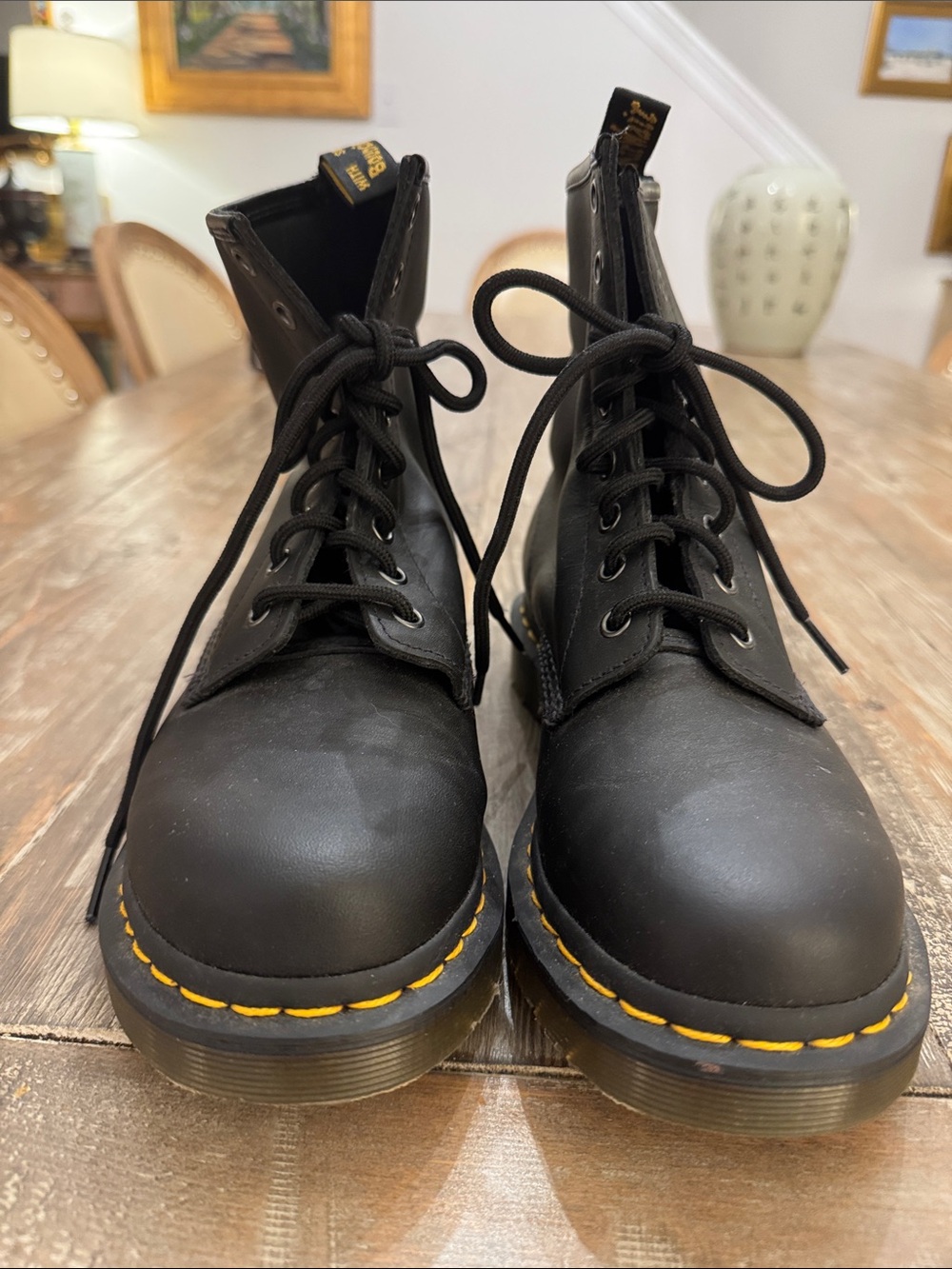 Dr. Martens Black Leather 8-Eye Lace-Up Boots with Yellow Stitching